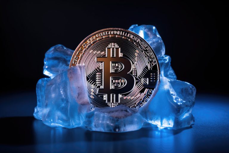 Bitcoin logo in blue ice cubes