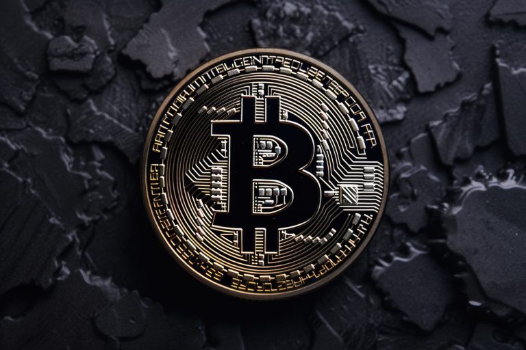 Golden bitcoin logo on dark charcoal background