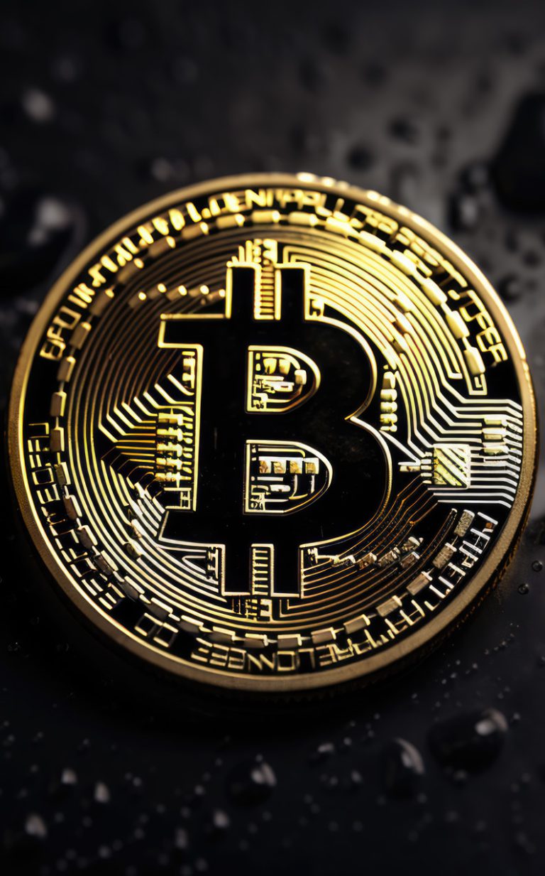 Bitcoin golden logo on dark water background