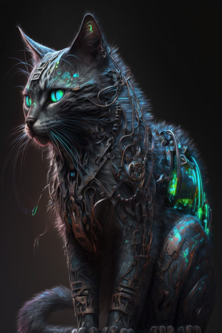 Gray cyberpunk cat with glowing skin