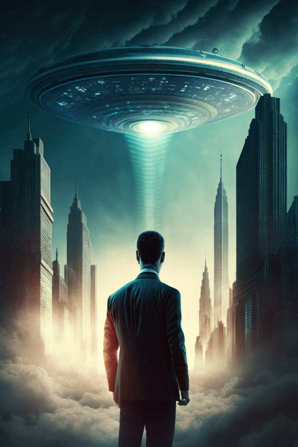 Man looking at UFO over the city