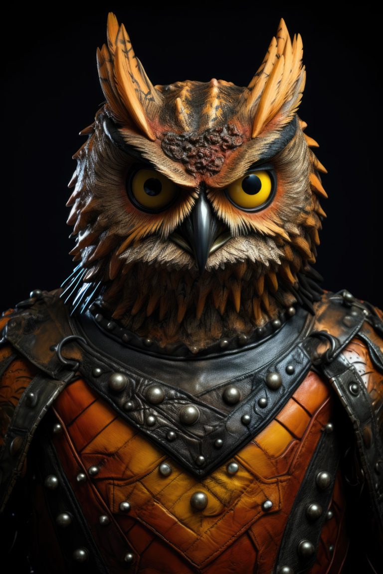 Owl like a human in leather suit