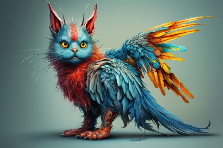 Strange cat with colorful feathers