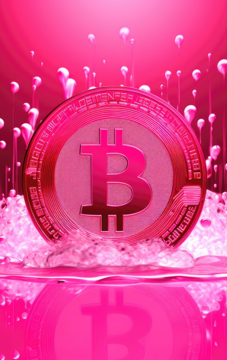 Pink bitcoin logo in ice