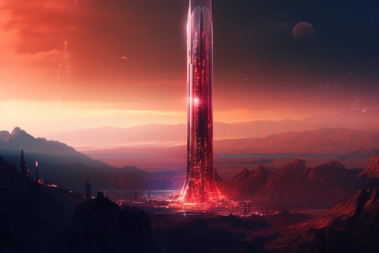 Huge red skyscrapper on planet