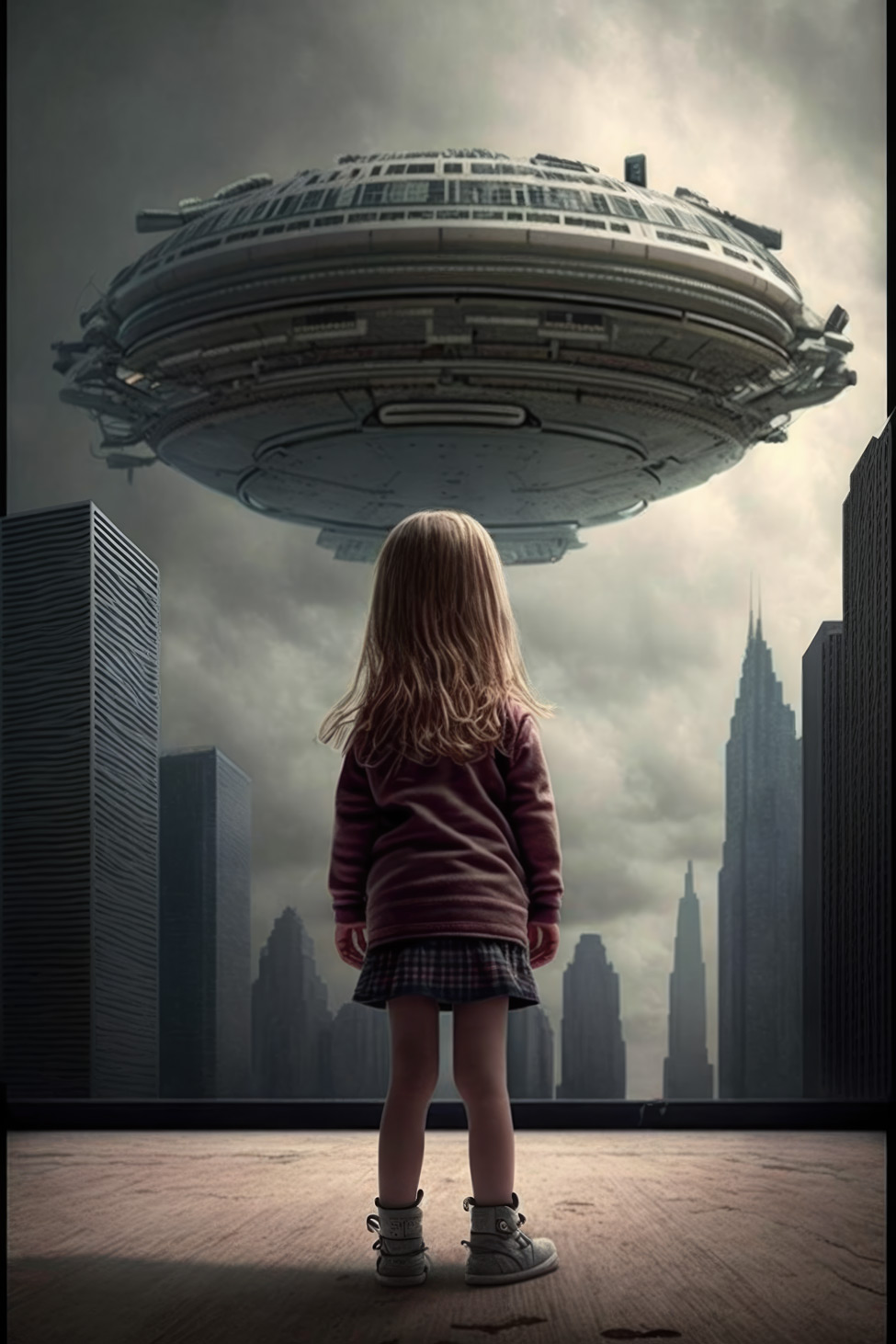 Little girl looking at huge ufo