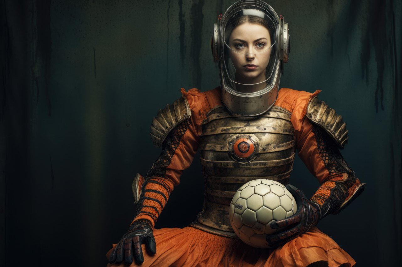 Woman in strange astronaut suit with soccer ball