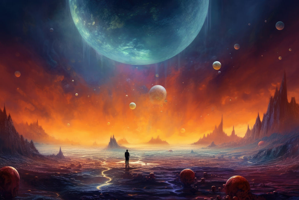 Fantasy planet landscape with fire on horizon