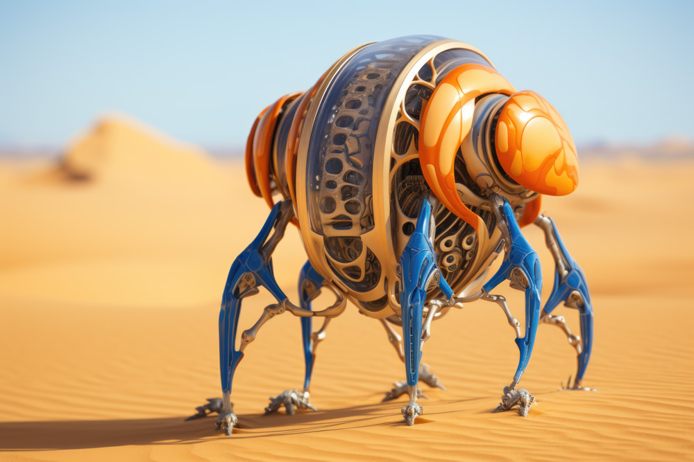 Strange orange bug with blue foots in desert