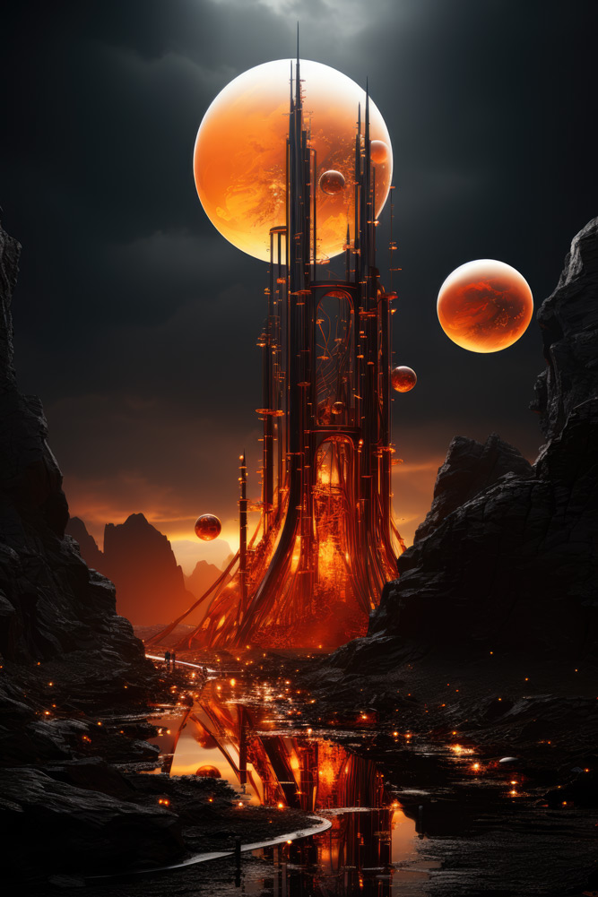 Huge orange tower opposite orange moon