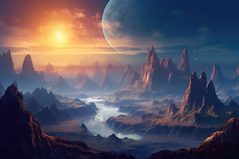 Planet valley with mountains and river on sunset