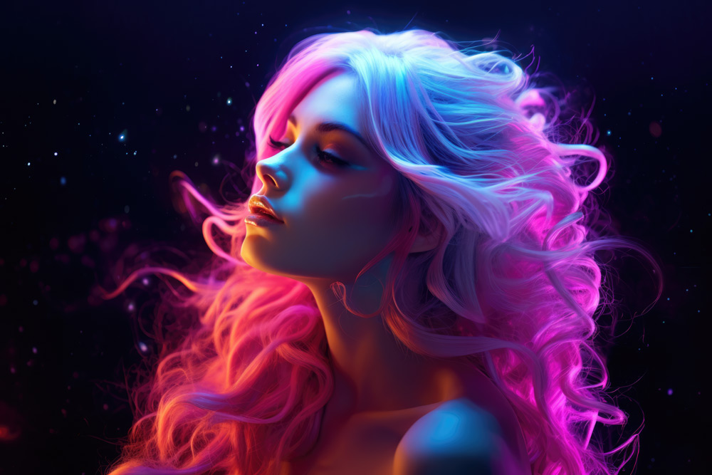 Fantasy girl with neon hair lights