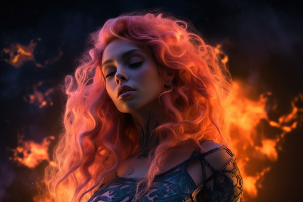 Girl with red hair on fire background