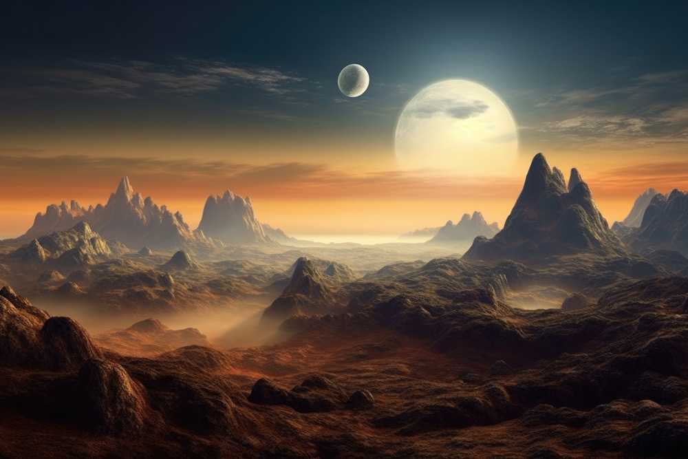Night planet landscape with two moons