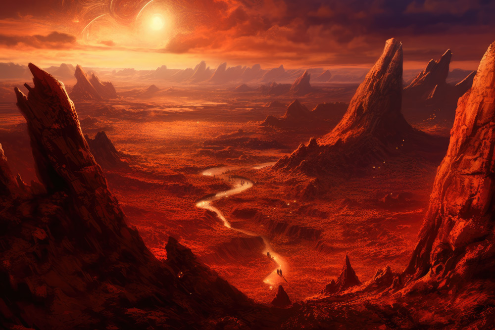 Red planet terrain on sunset