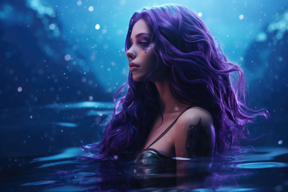 Girl with violet hair in water scene