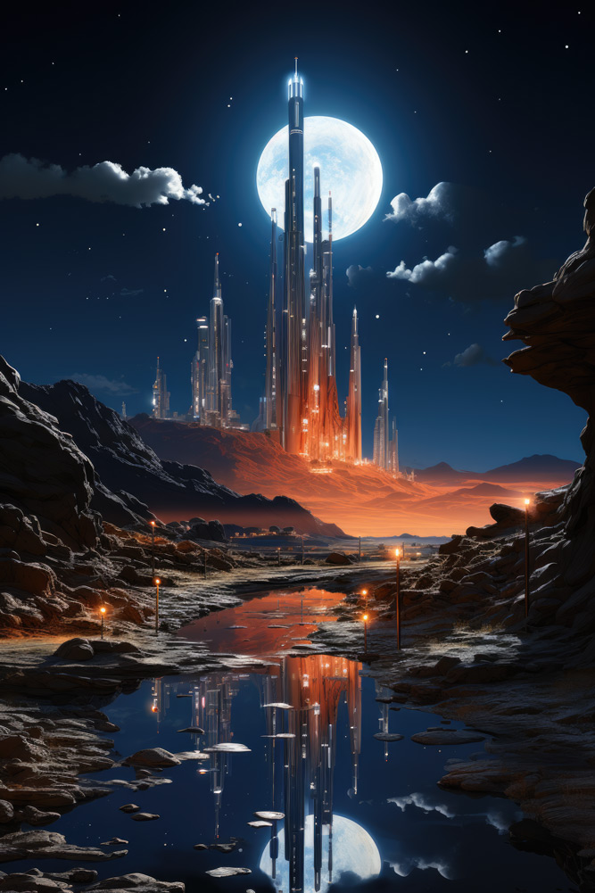 Futuristic towers in orange lights opposite moon