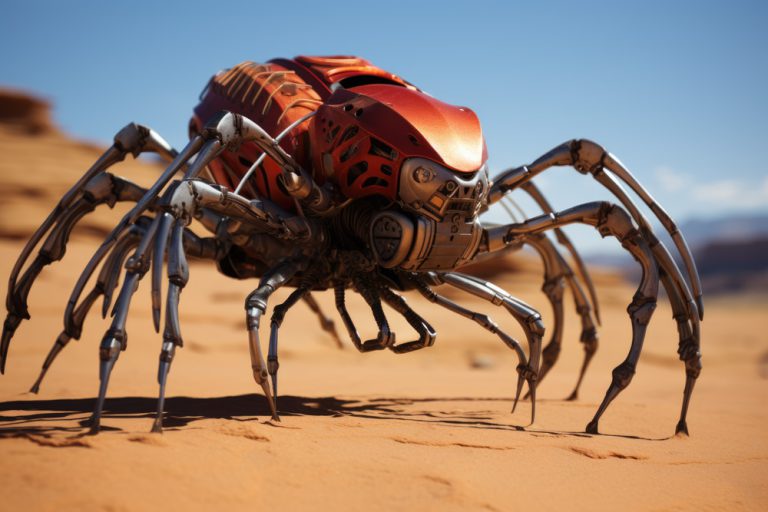 Robotic metal spider in desert