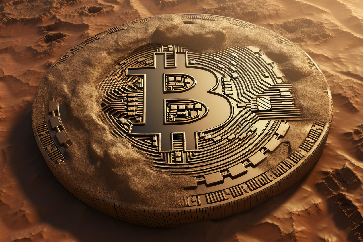 Golden bitcoin in sand