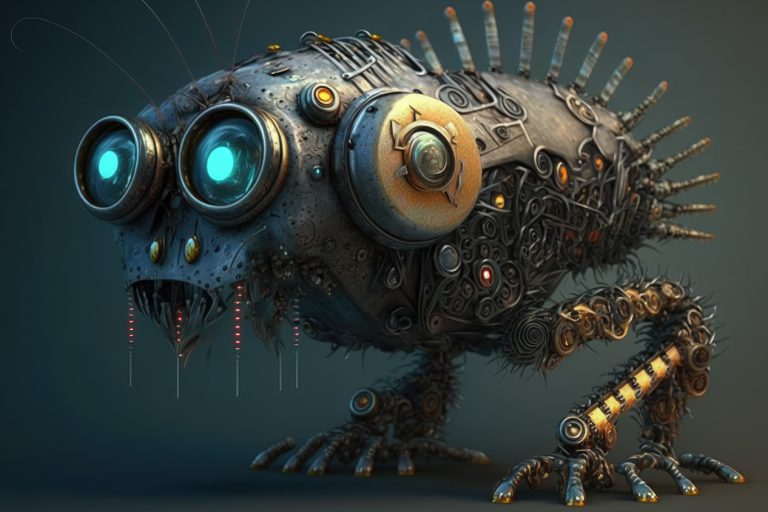 Robotic metal bug with blue eyes