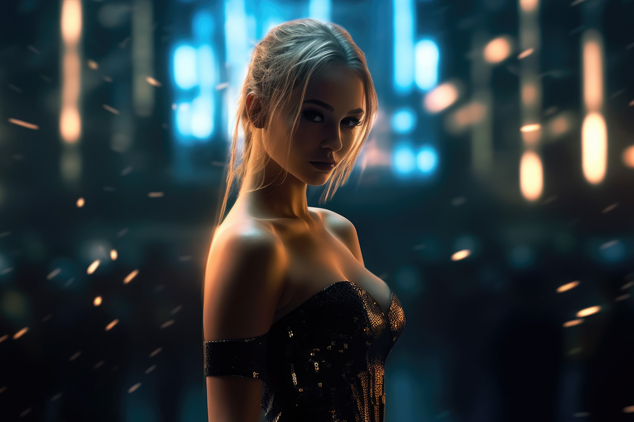 Girl in black dress in bokeh lights