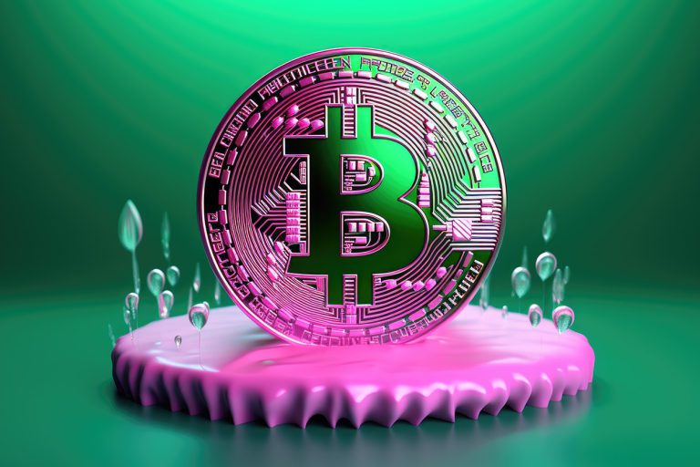 Green and pink bitcoin logo