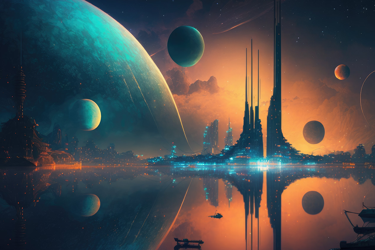 Fantasy night lasdscape of futuristic city on lake