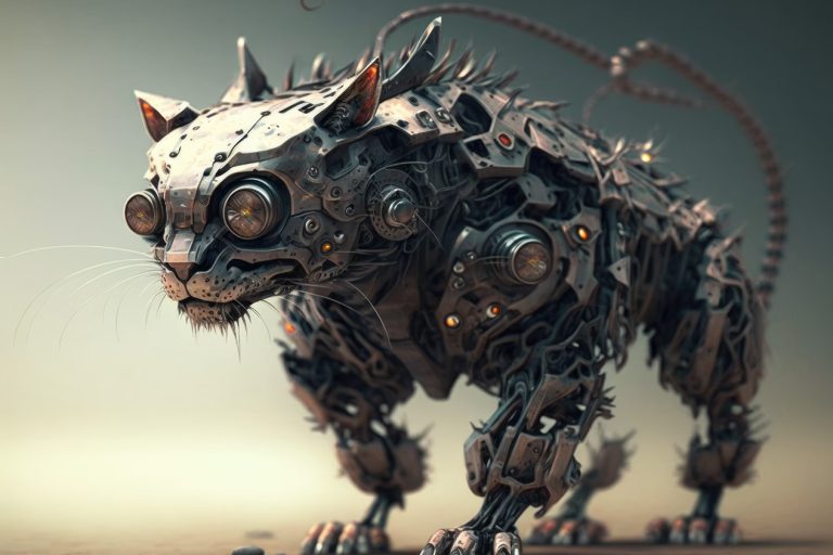 Gray cat made of metal parts