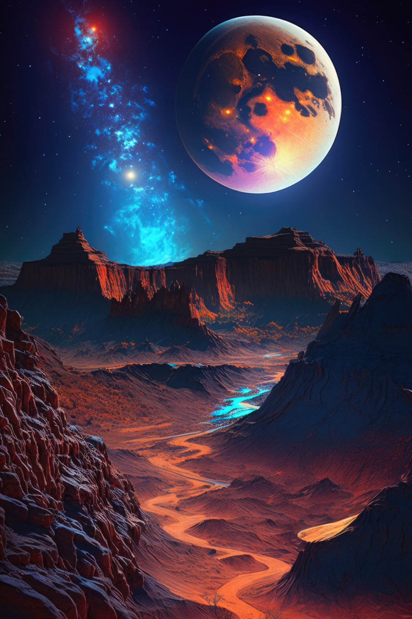 Planet night lanscape with huge moon and blue galaxy