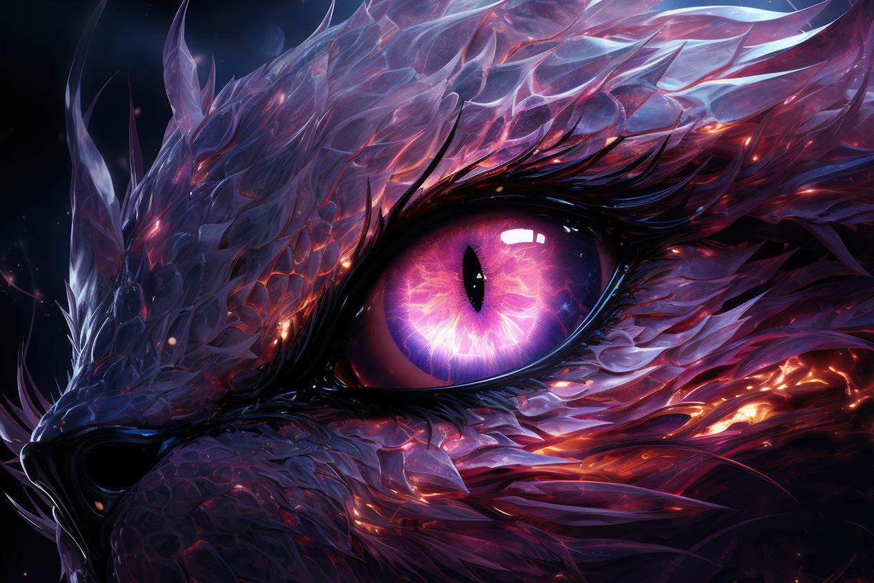 Fantasy creature with inner fire and violet eyes