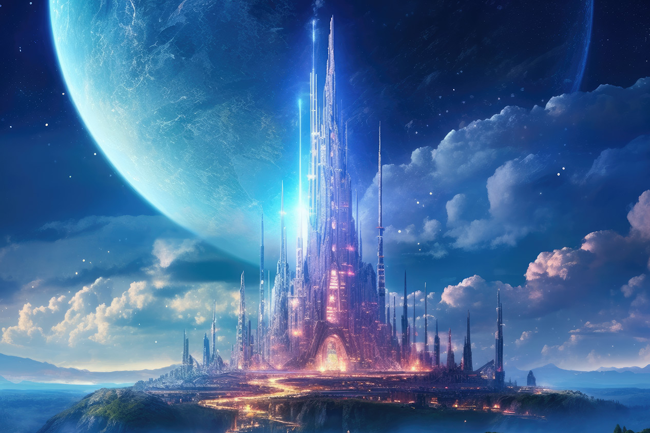 Fantasy building on the island opposite huge planet