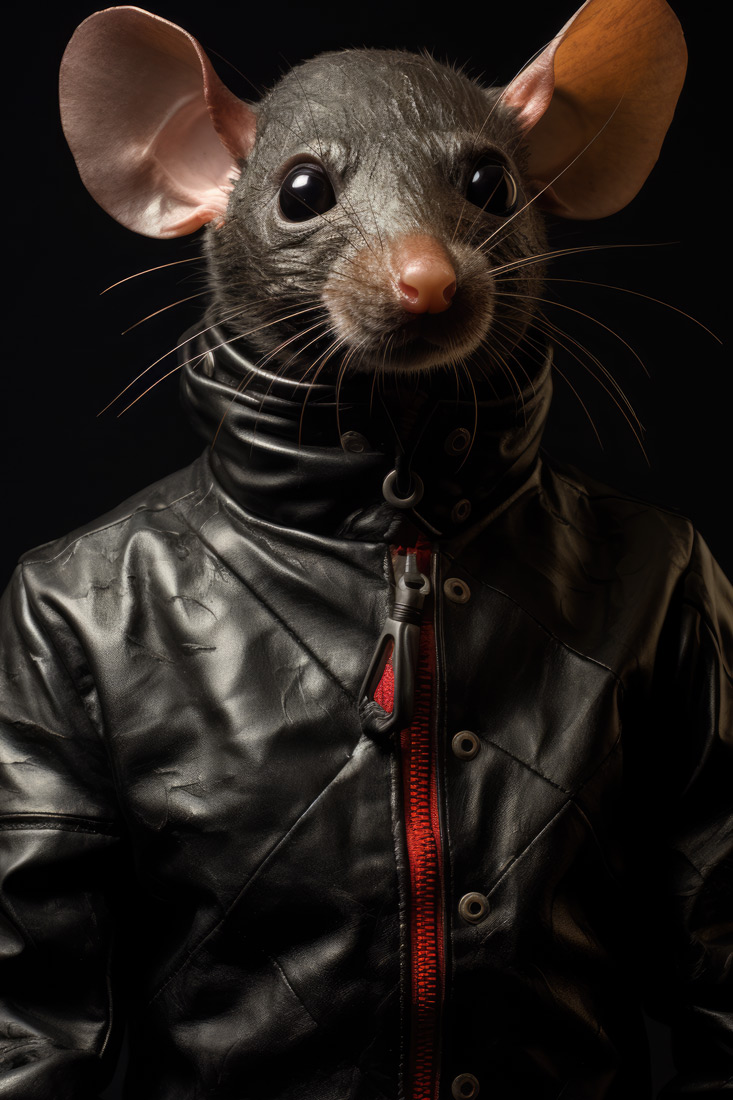 Mouse like a human in black leather suite