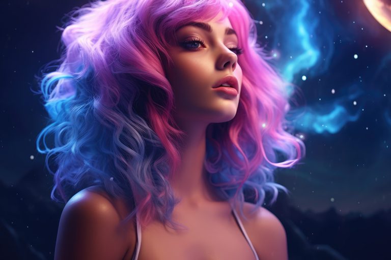 Girl with pink and purple hair on night sky background