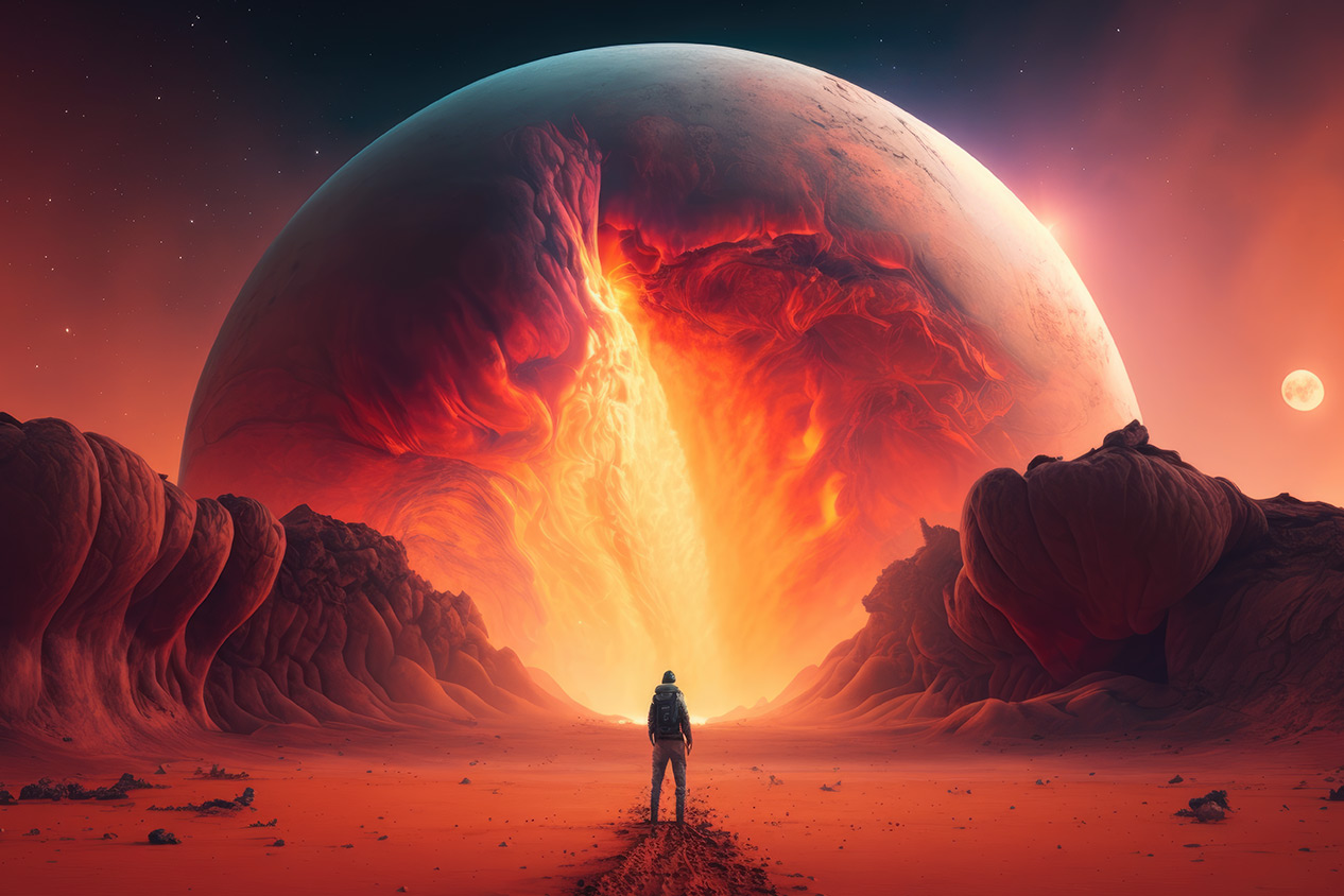 Man standing in red valley and looking at huge rising planet