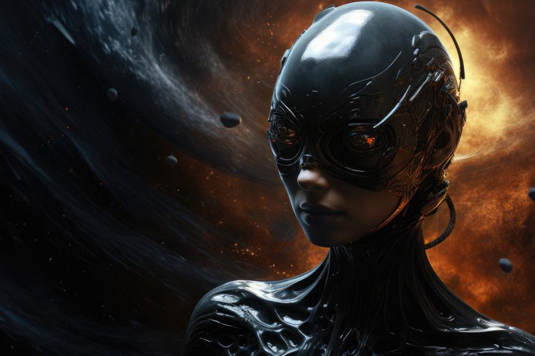 Warrior woman in black glasses and helmet on fire space background