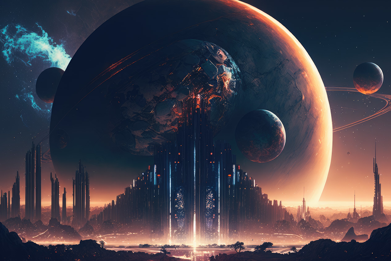 Fantasy city landscape opposite huge planet