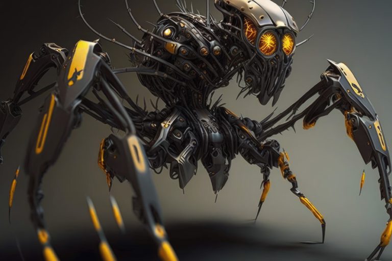 Robotic gray spider with orange eyes