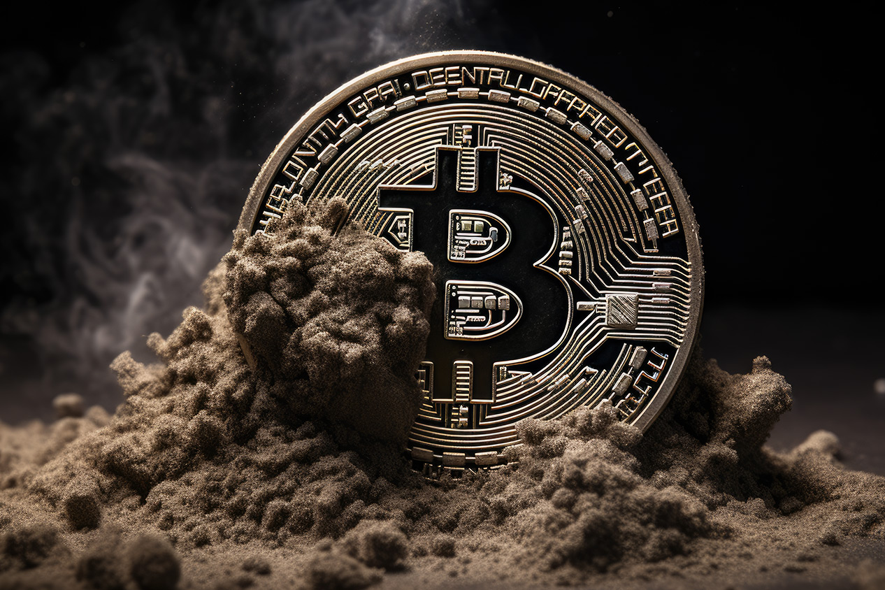 Black bitcoin in sand dust