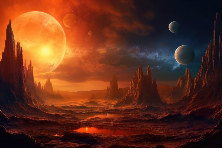 Sunset planet landscape with moons