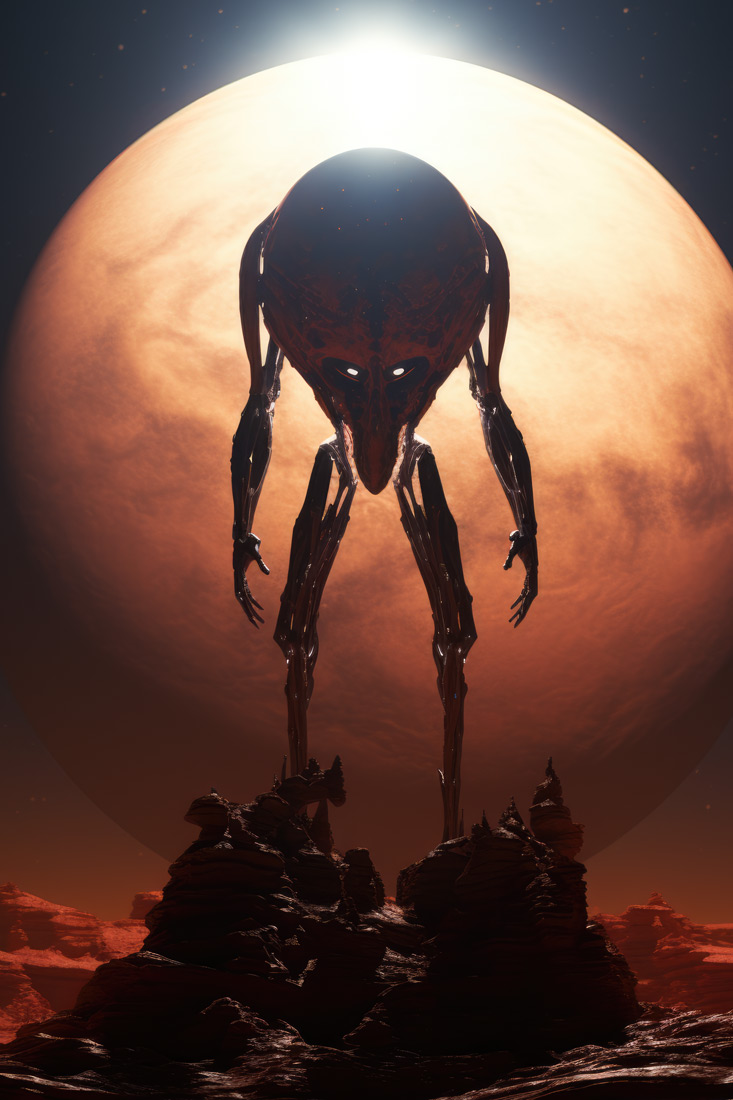 Monster with huge head on red moon background