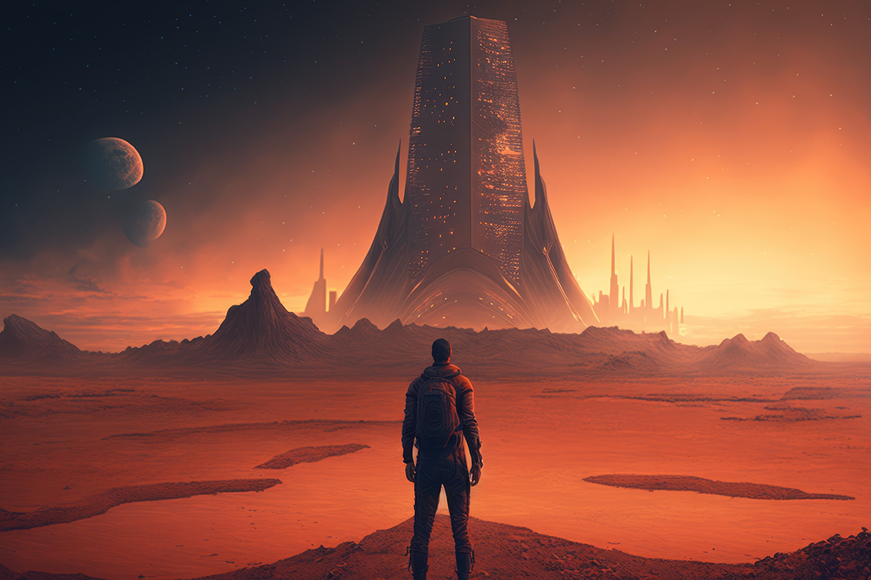 Man on the Mars looking on huge building