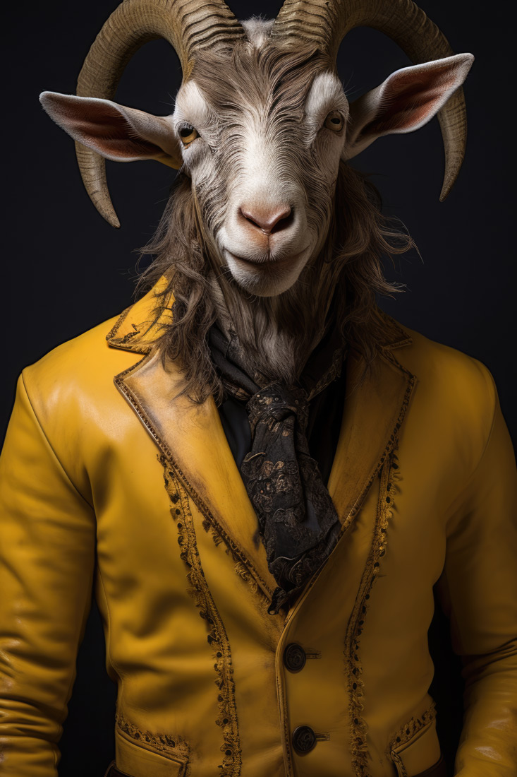 Like a human goat in yellow leather costume