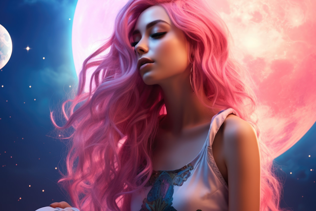 Girl with pink hair on large pink moon background