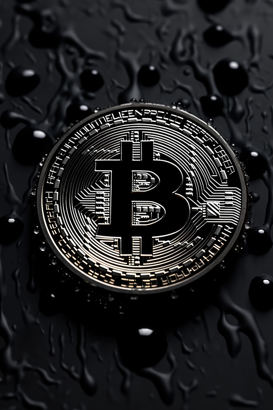 Dark bitcoin logo on dark water background