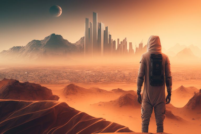 Man on red planet looking at futuristic city in fog