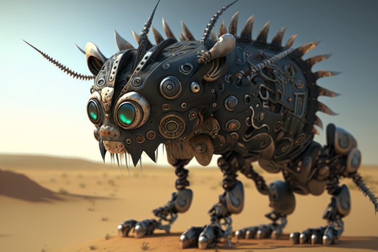 Robotic metal creature in desert