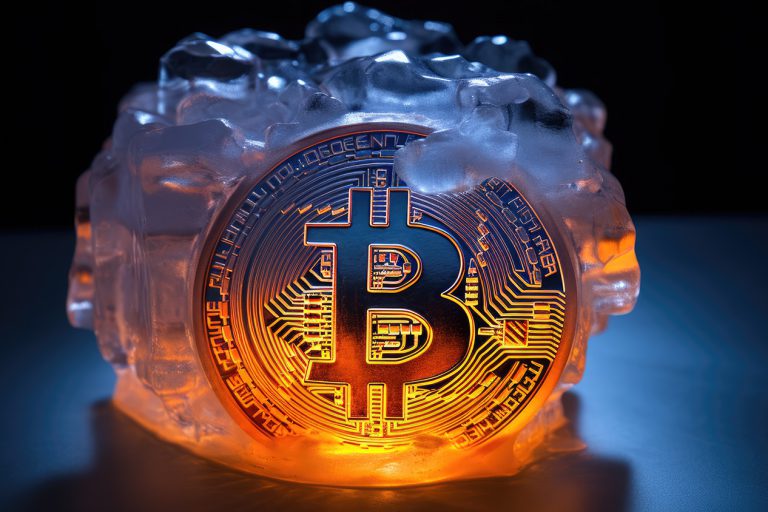 Bitcoin in ice and orange lights