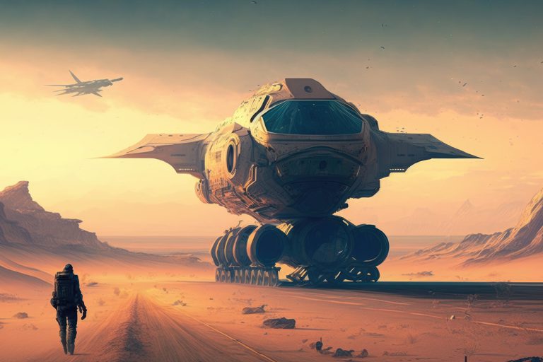 Spaceship in desert on orange planet