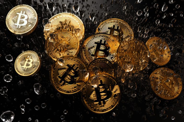 Golden bitcoins in water drops