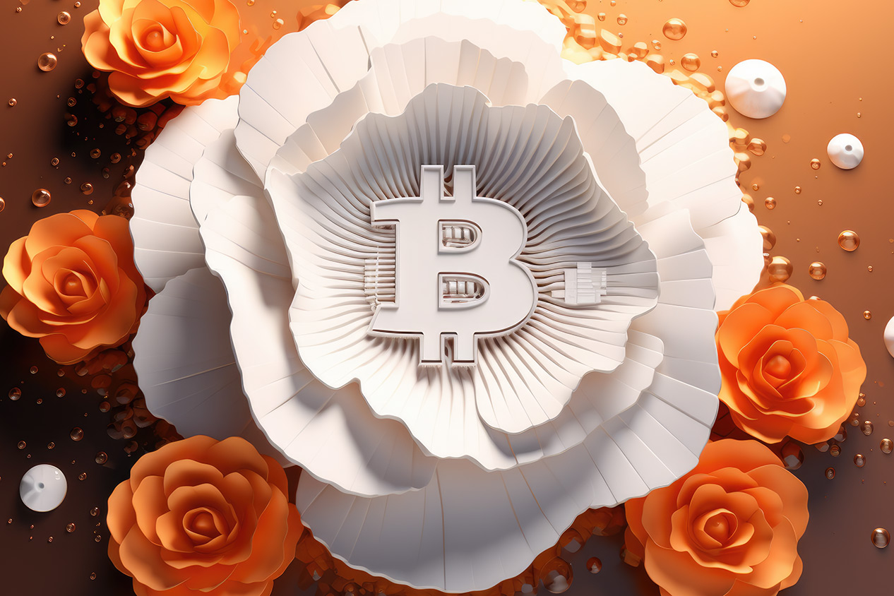 Bitcoin logo on white and orange flowers